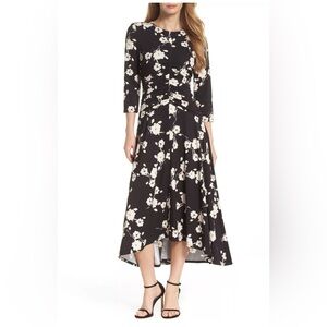 Maggy London Black Pink and White Floral Fit and Flare Asymmetrical Dress NWOT